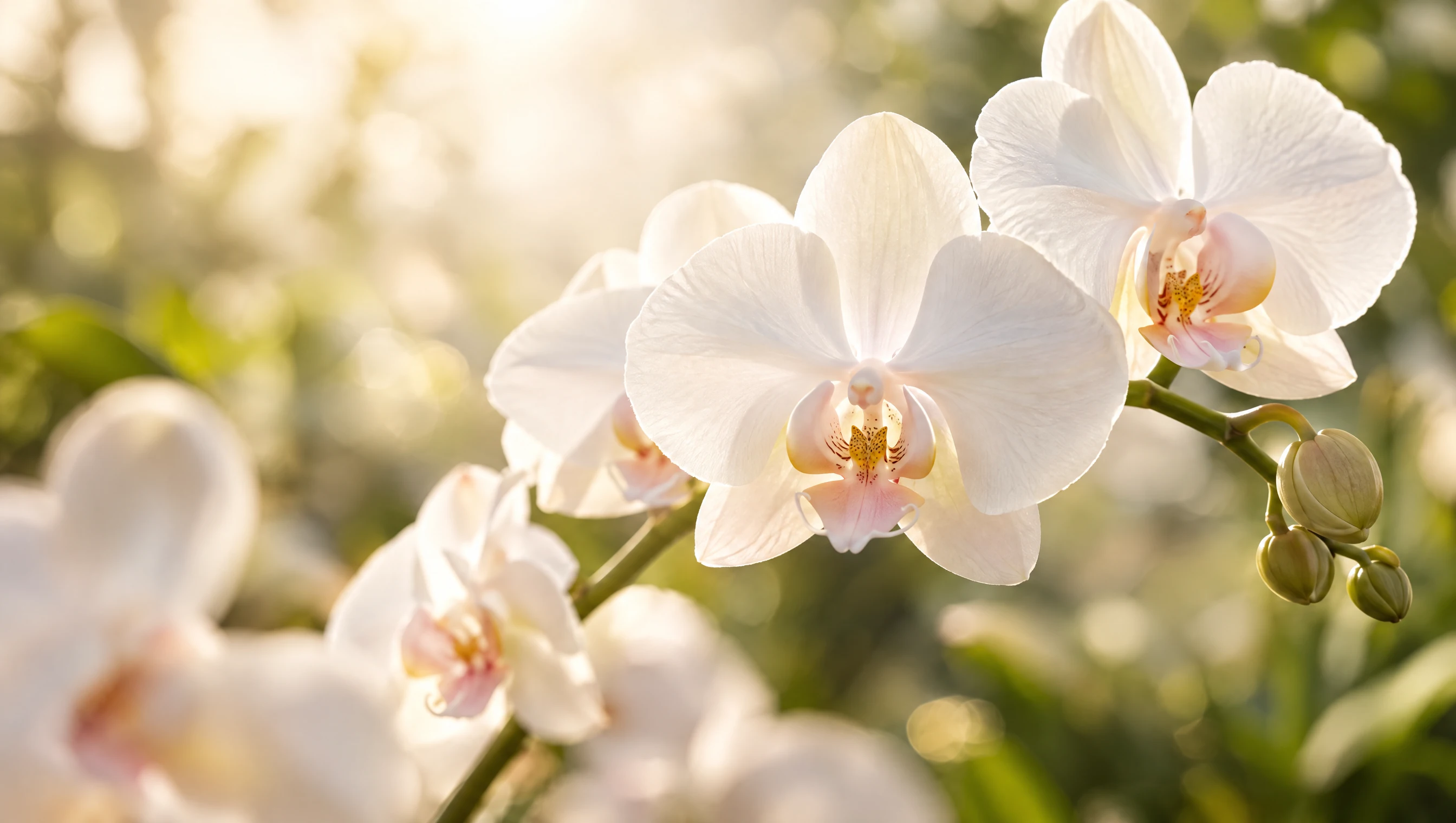 Close-up of white Phalaenopsis flowers in warm daylight