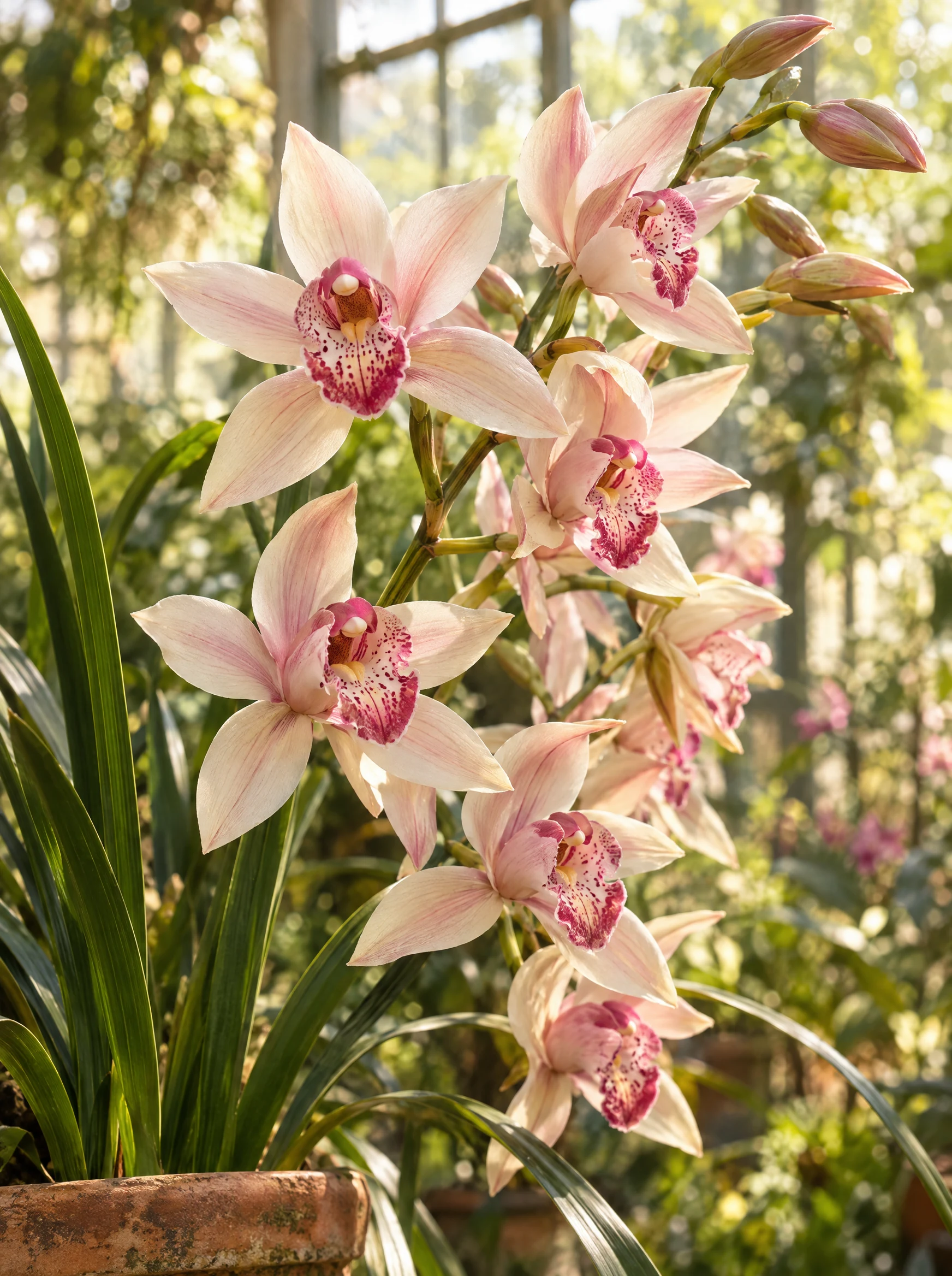 Illustrative botanical scene of cream and pink Cymbidium flowers in a bright greenhouse