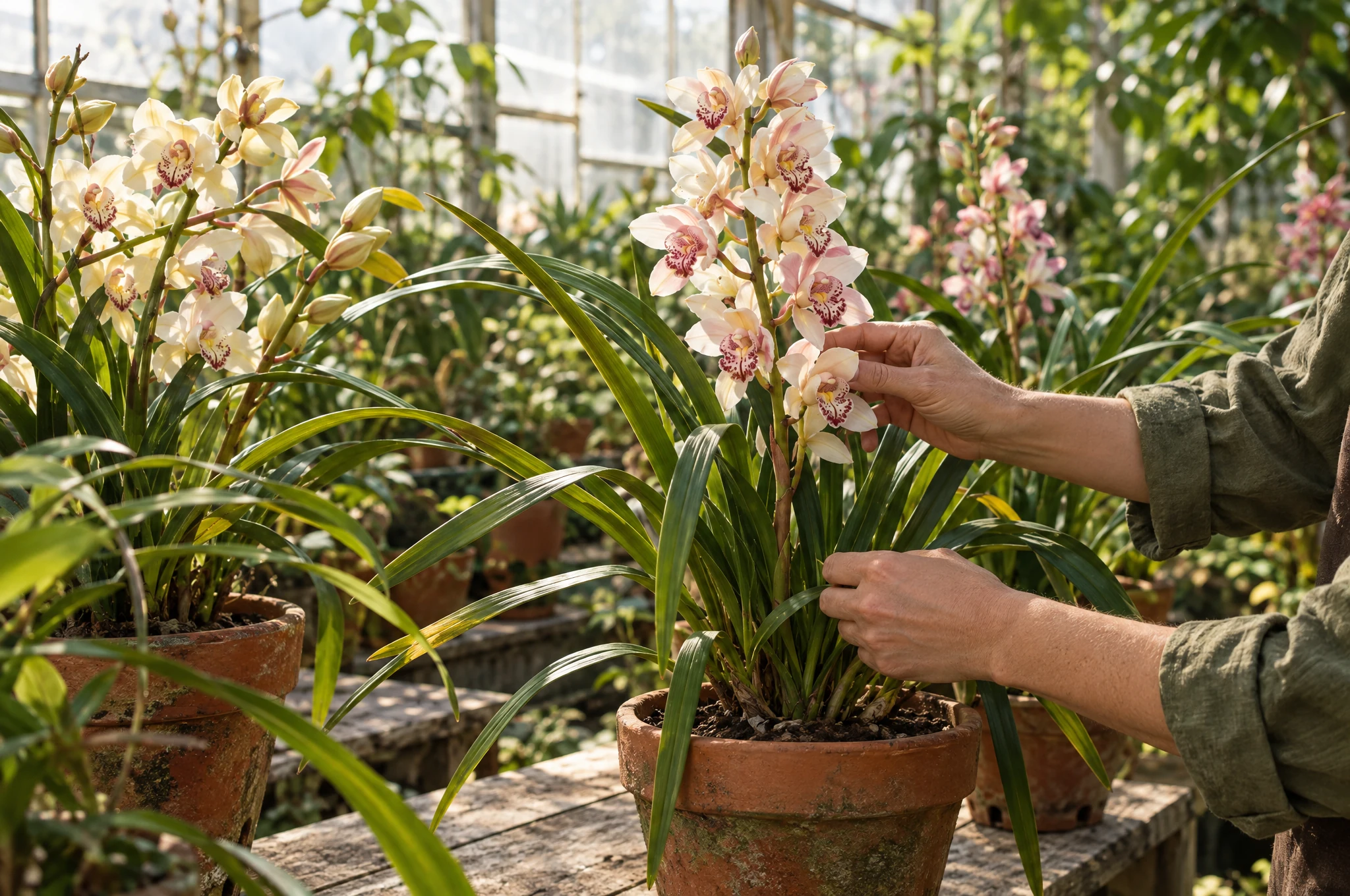 Illustrative Cymbidium growing scene inspired by the early years of Tuğtekin Çiçekçilik