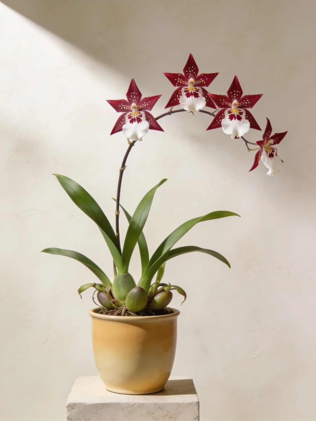 Illustrative Cambria orchid group image with burgundy star-shaped flowers