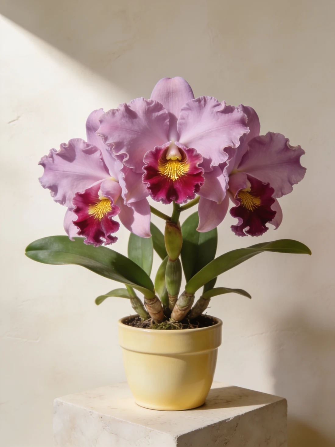 Illustrative Cattleya orchid with wavy lilac petals and a deep pink lip