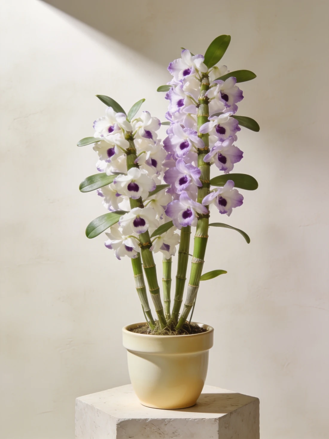 Illustrative Dendrobium orchid with cane-like stems and white-lilac flowers